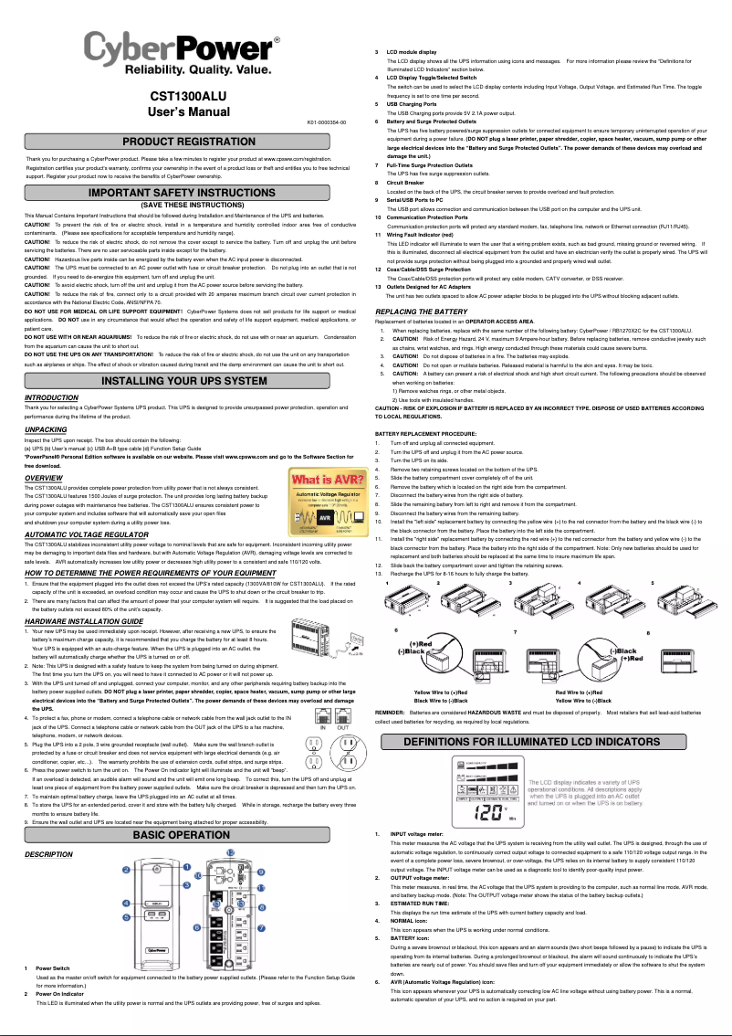 Page n°1 - Manuel utilisateur CyberPower CST1300ALU