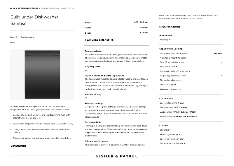 Page 1 de la notice Fiche technique Fisher & Paykel DW60UD6X