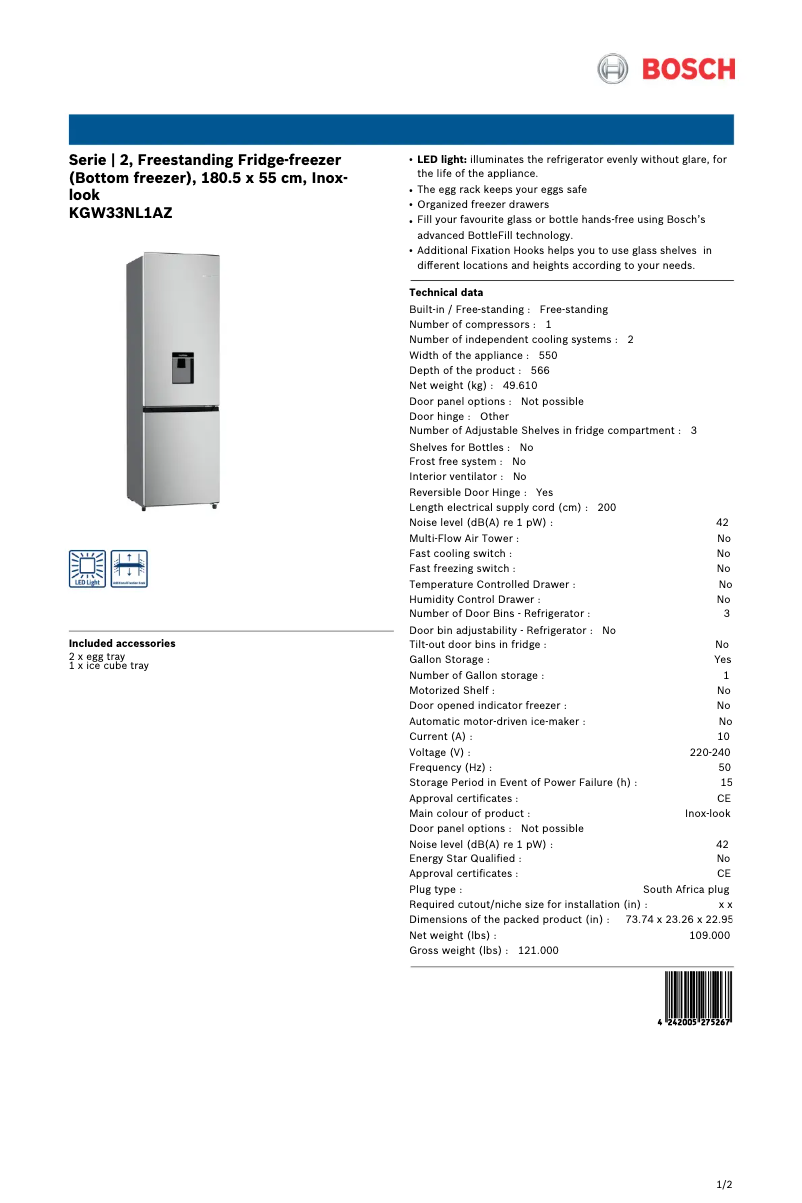 Page 1 de la notice Fiche technique Bosch KGW33NL1AZ