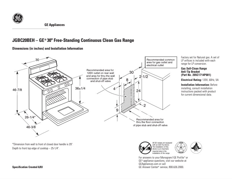 Página 1 del manual Ficha técnica GE JGBC20BEHCT