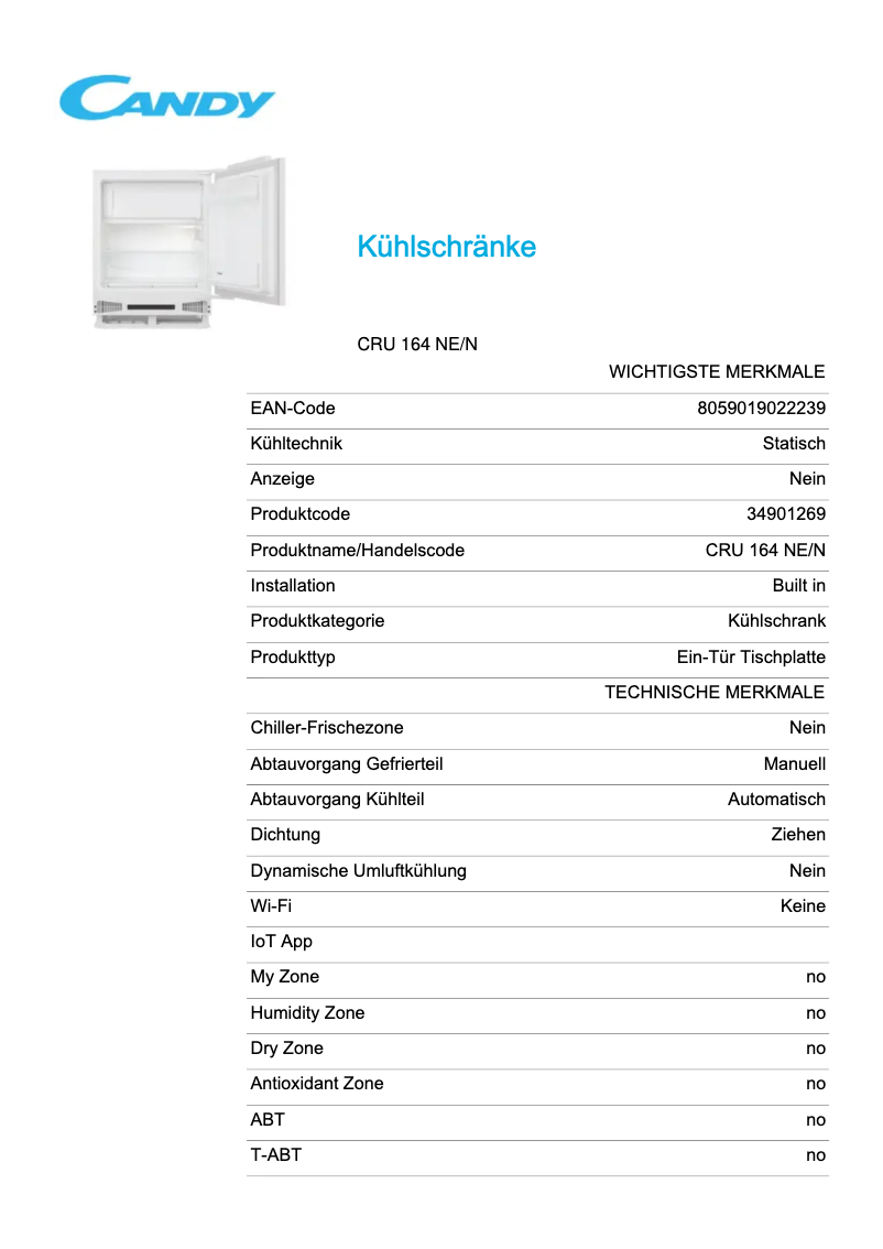 Page 1 de la notice Fiche technique Candy CRU 164 NE/N