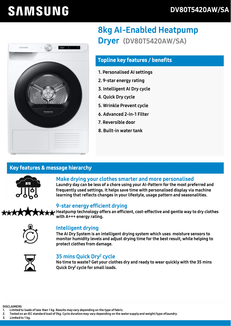 Page n°1 - Fiche technique Samsung DV80T5420AW