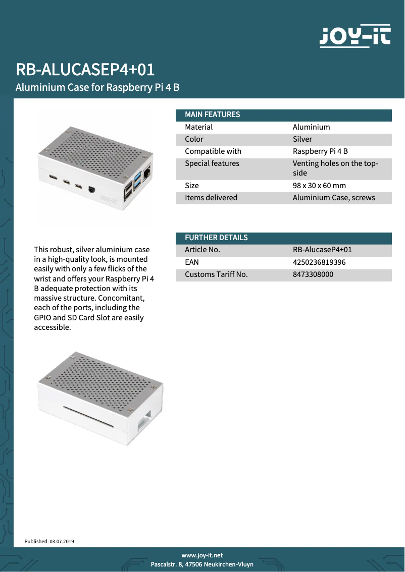 Page n°1 - Fiche technique Joy-It RB-AlucaseP4 + 01