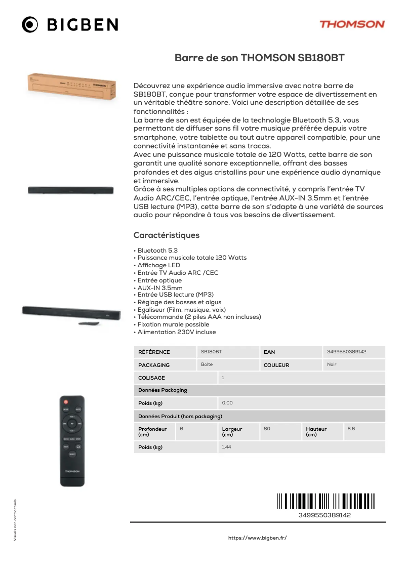 Page 1 de la notice Fiche technique Thomson SB180BT