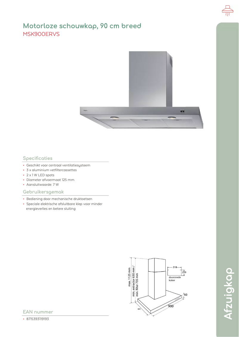 Page 1 de la notice Fiche technique Pelgrim MSK900ERVS