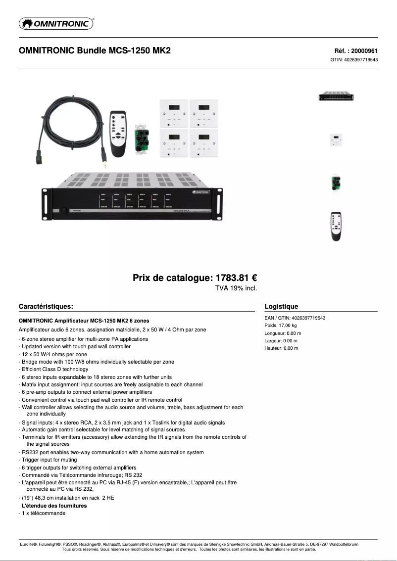 Page 1 de la notice Fiche technique Omnitronic MCS-1250 MK2