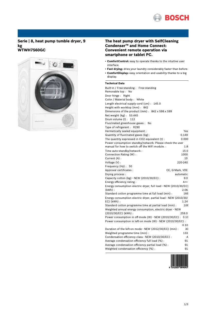 Page 1 de la notice Fiche technique Bosch WTWH7560GC