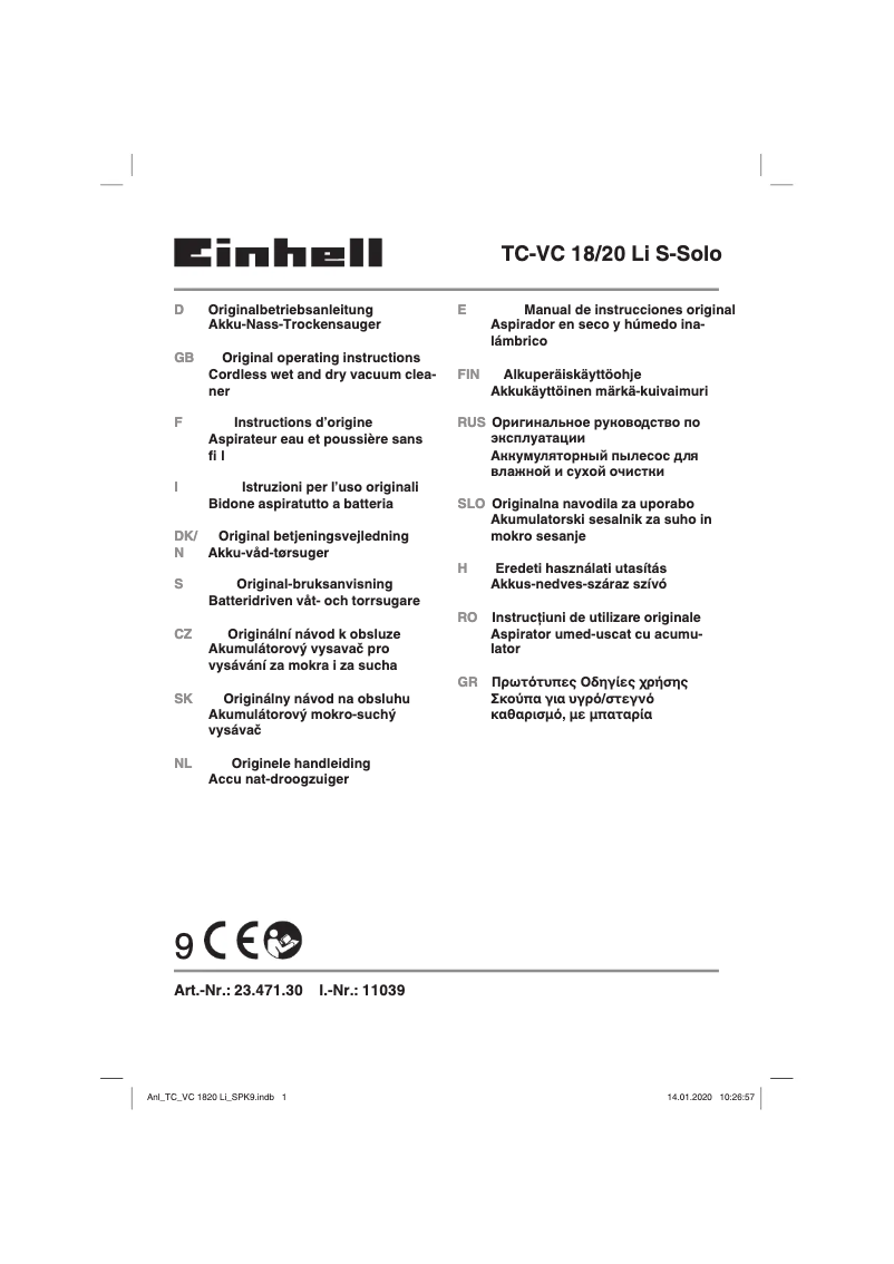 Page n°1 - Manuel utilisateur Einhell TC-VC 18/20 Li S