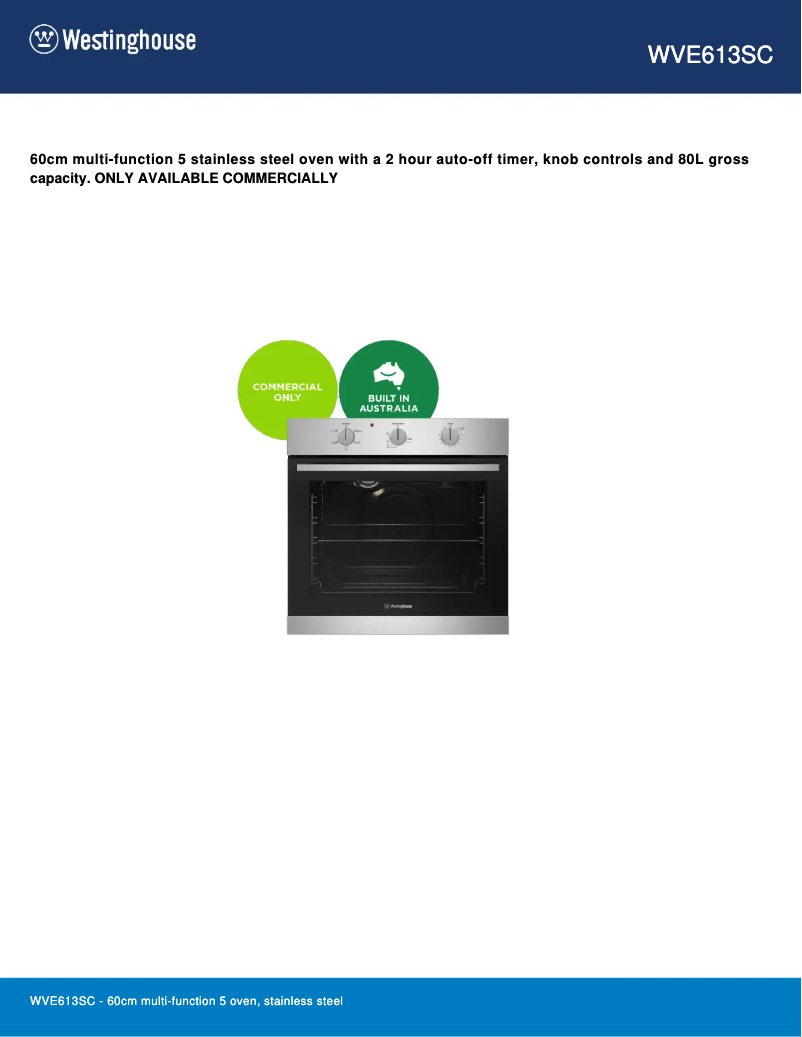 Page 1 de la notice Fiche technique Westinghouse WVE613SC