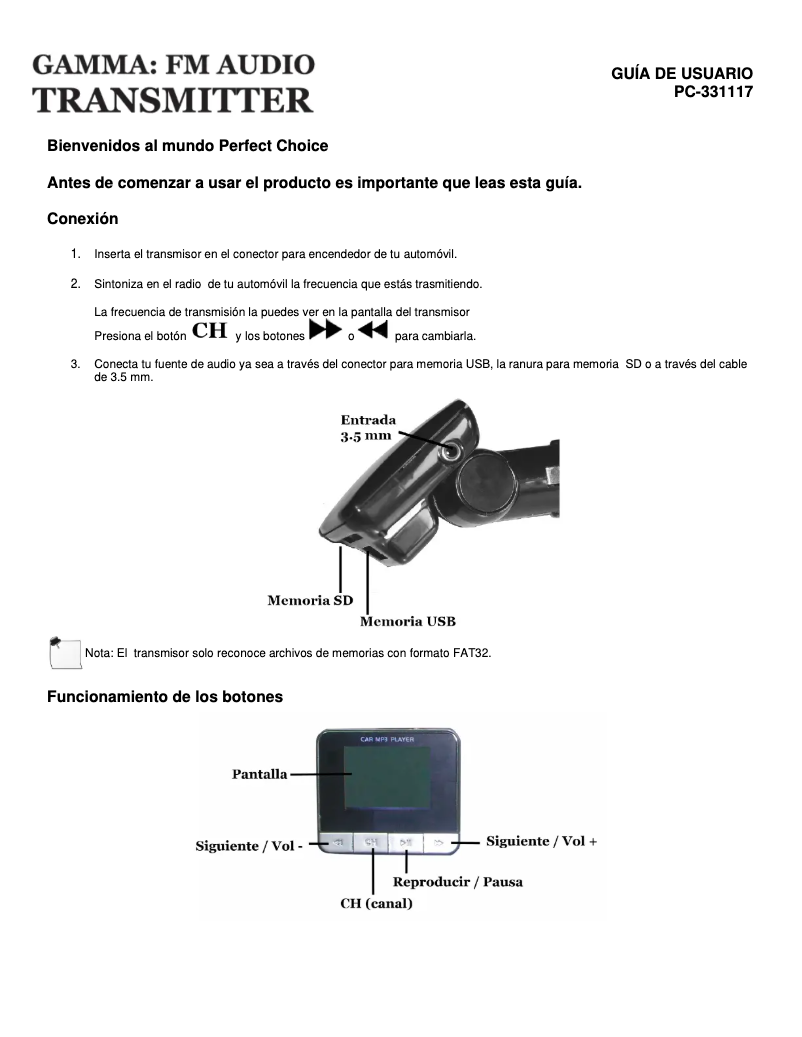 Page 1 de la notice Manuel utilisateur Perfect Choice PC-331117