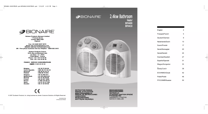 Page n°1 - Manuel utilisateur Bionaire BFH410-I