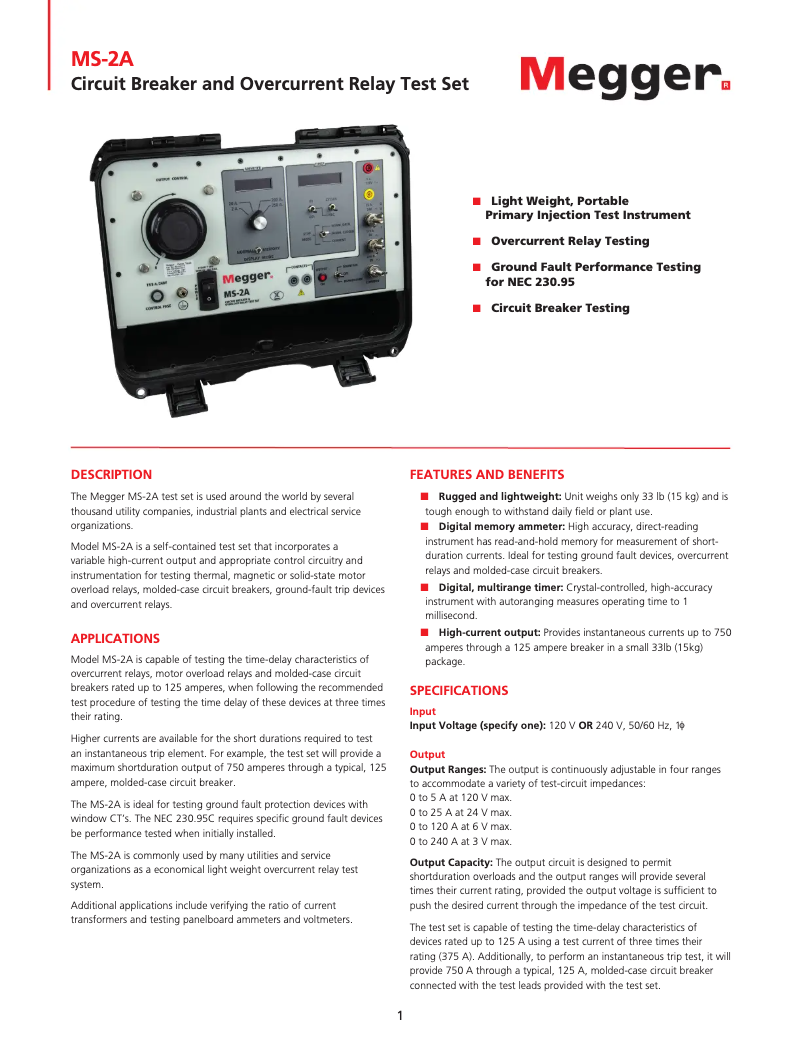 Page 1 de la notice Fiche technique Megger MS-2A