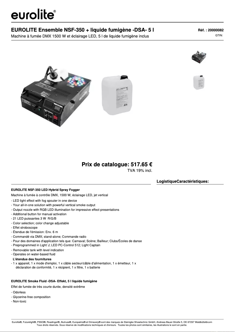 Page 1 de la notice Fiche technique Eurolite NSF-350