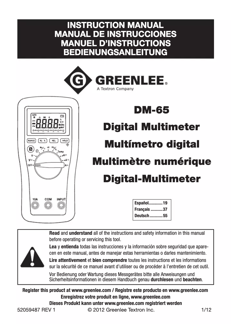 Page 1 de la notice Manuel utilisateur Greenlee DM-65