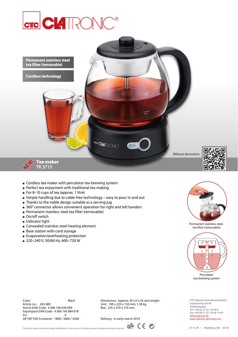 Page 1 de la notice Fiche technique Clatronic TK 3715