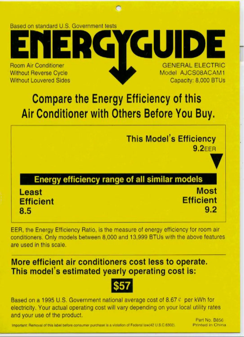 Page 1 de la notice Label énergétique GE AJCS08ACA