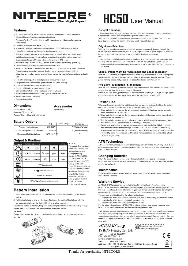 Page 1 de la notice Manuel utilisateur Nitecore HC50