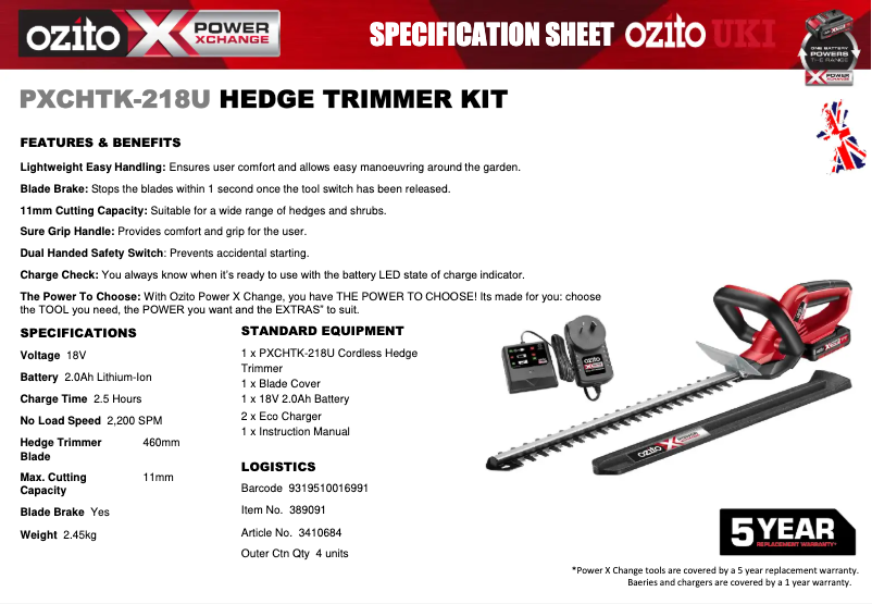 Page 1 de la notice Fiche technique Ozito PXCHTK-218U