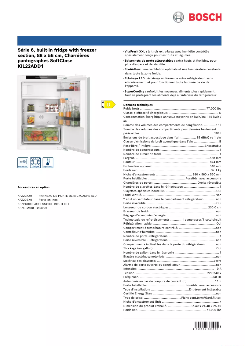 Page n°1 - Fiche technique Bosch KIL22ADD1
