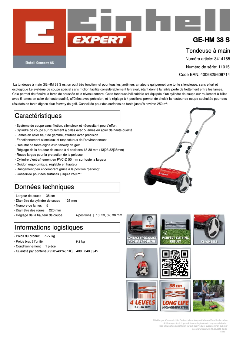 Page 1 de la notice Fiche technique Einhell GE-HM 38 S
