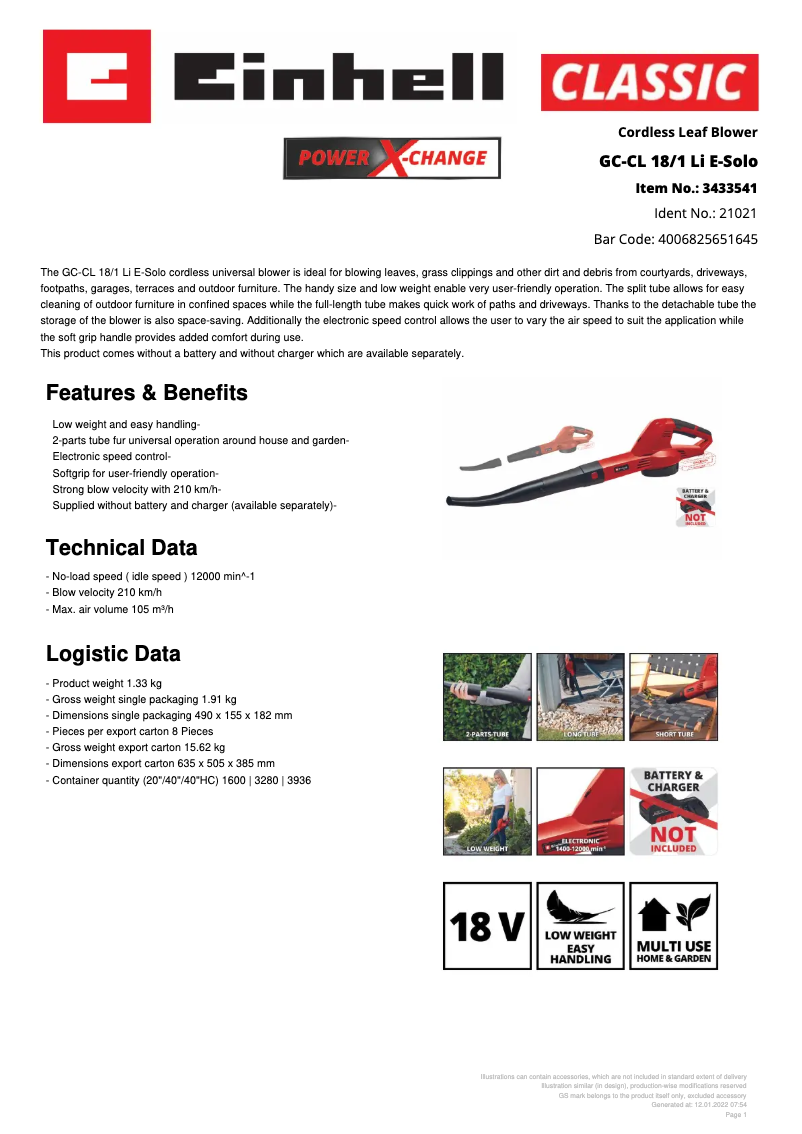 Page 1 de la notice Fiche technique Einhell GC-CL 18/1 Li E-Solo