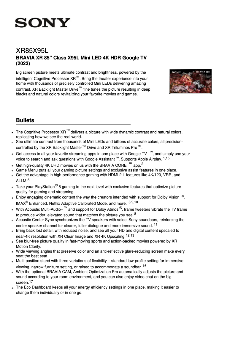 Página 1 del manual Ficha técnica Sony XR-85X95L