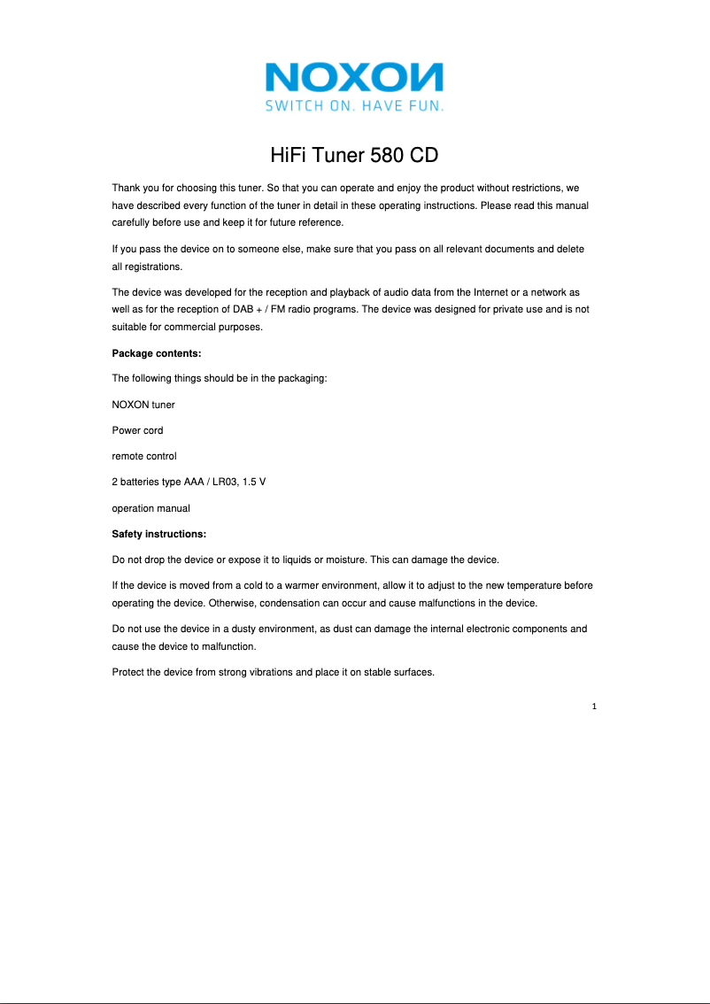 Page 1 de la notice Manuel utilisateur Noxon HiFi Tuner 580 CD