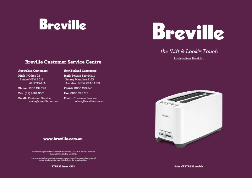 Page 1 de la notice Manuel utilisateur Breville the ‘Lift & Look’ Touch BTA635