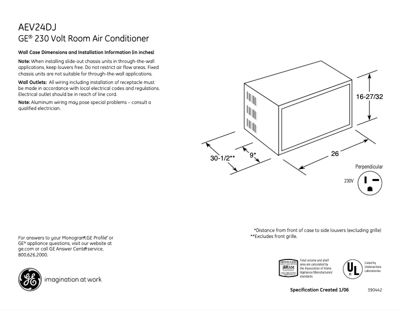 Page n°1 - Fiche technique GE AEV24DJ