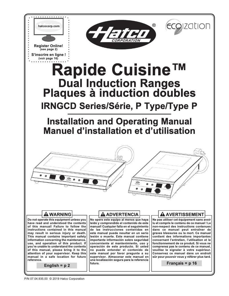 Page 1 de la notice Manuel utilisateur Hatco Rapide Cuisine IRNG-PC2S-36