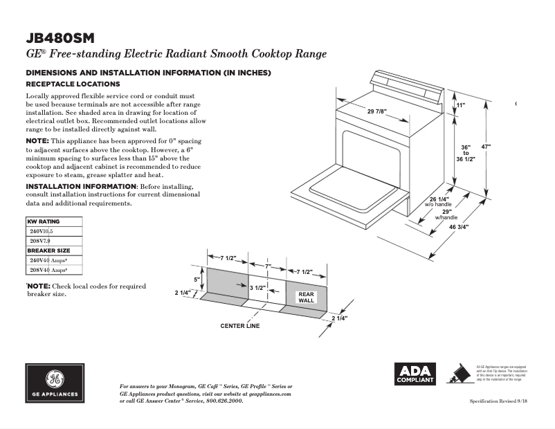 Page n°1 - Fiche technique GE JB480SMSS