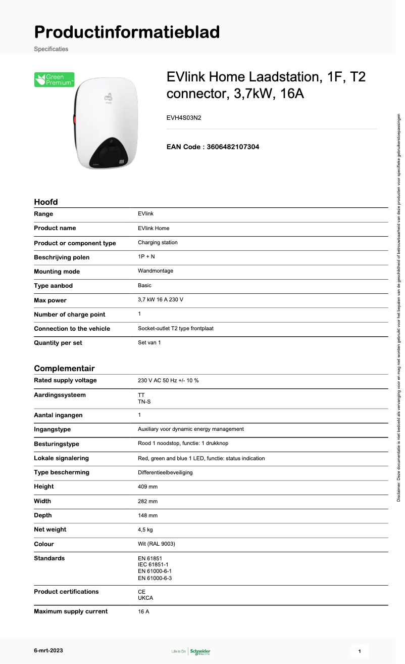 Page 1 de la notice Fiche technique Schneider EVH4S03N2