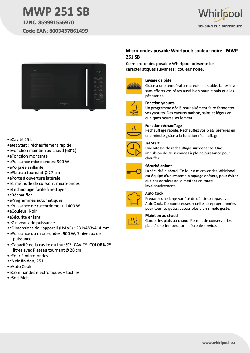 Page 1 de la notice Fiche technique Whirlpool MWP 251 SB