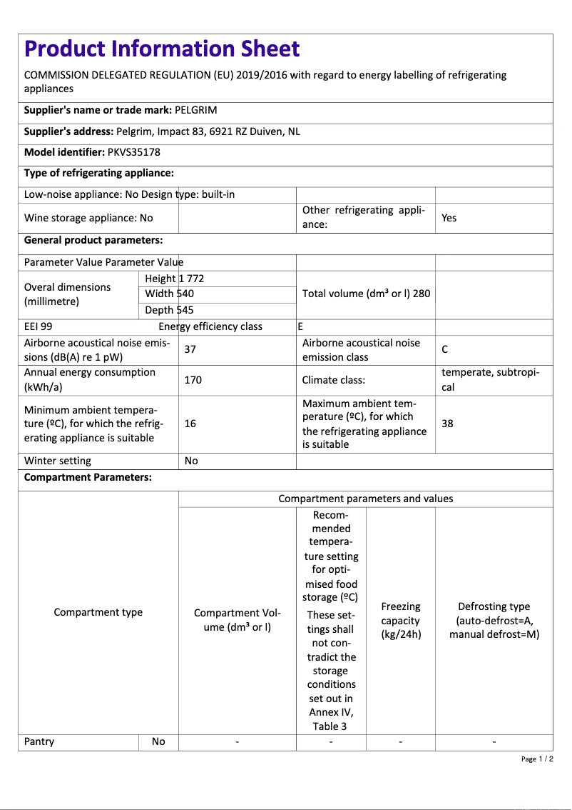 Page 1 de la notice Fiche technique Pelgrim PKVS35178