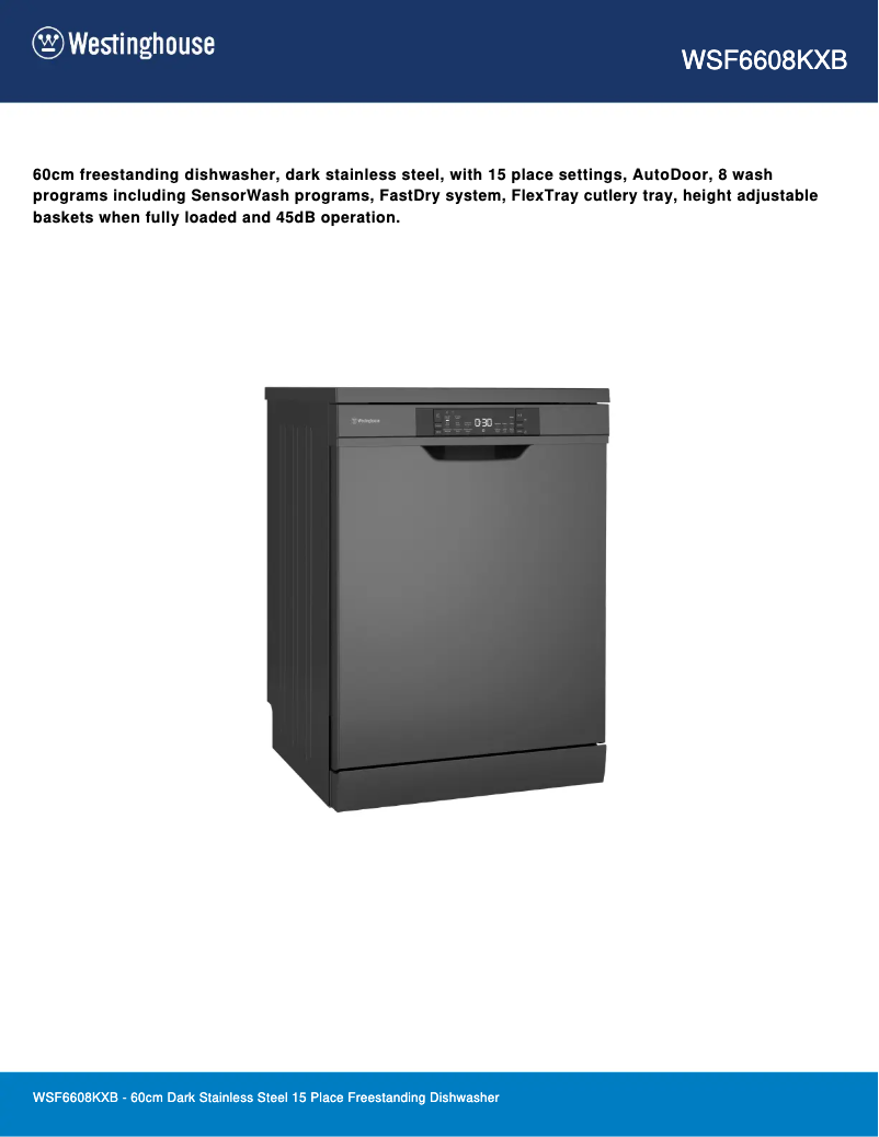 Page 1 de la notice Fiche technique Westinghouse WSF6608KXB