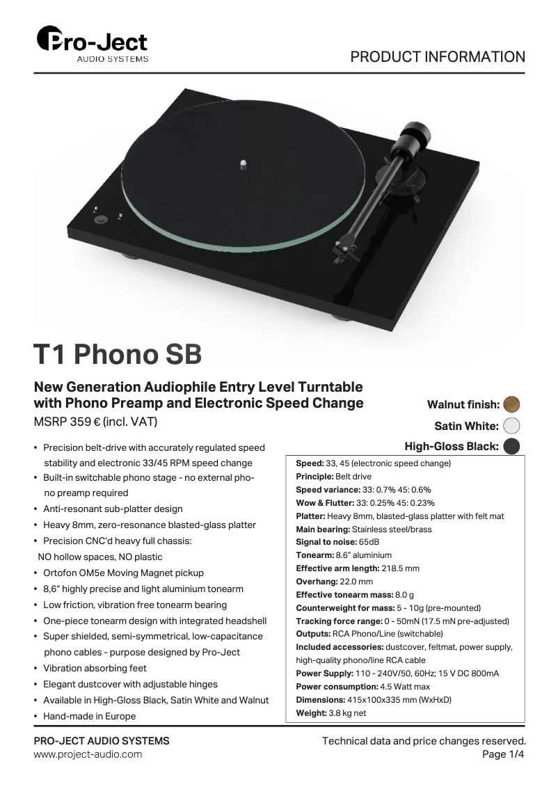 Página 1 del manual Ficha técnica Pro-Ject T1
