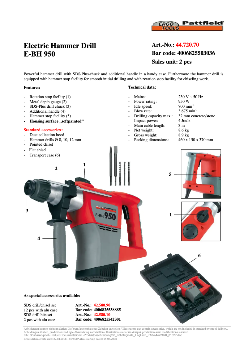 Page n°1 - Fiche technique Ergotools Pattfield E-BH 950