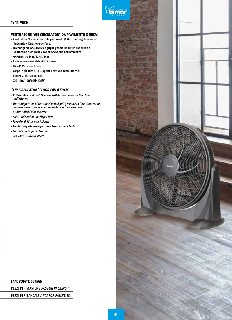 Page 1 de la notice Fiche technique Bimar VB50