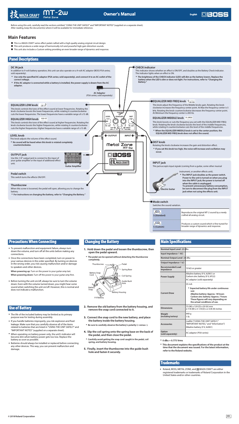 Page 1 de la notice Manuel utilisateur Boss Metal Zone MT-2W