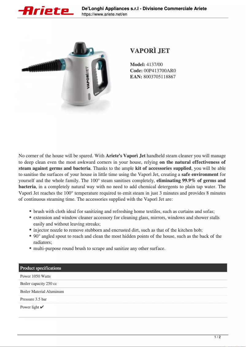 Image de la première page du manuel de l'appareil Vaporì Jet 4137