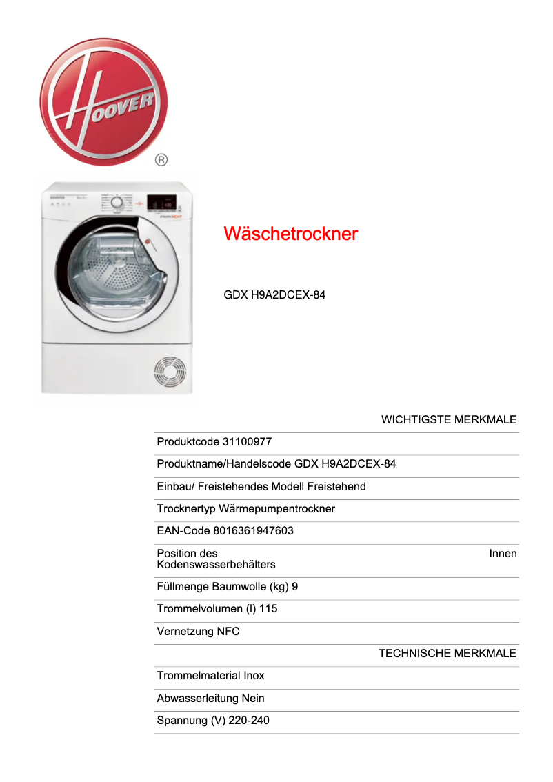 Page n°1 - Fiche technique Hoover DXO HY9A2TCEXS-S