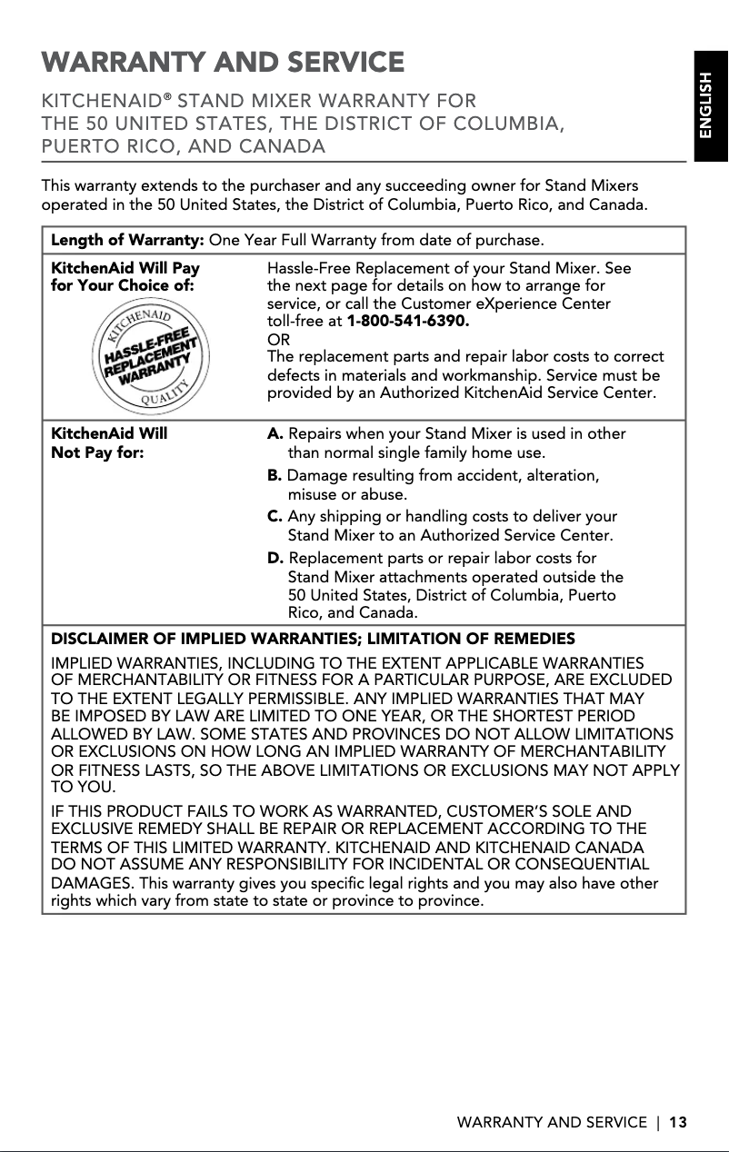 Page 1 de la notice Informations de garantie KitchenAid KSM3311XTB