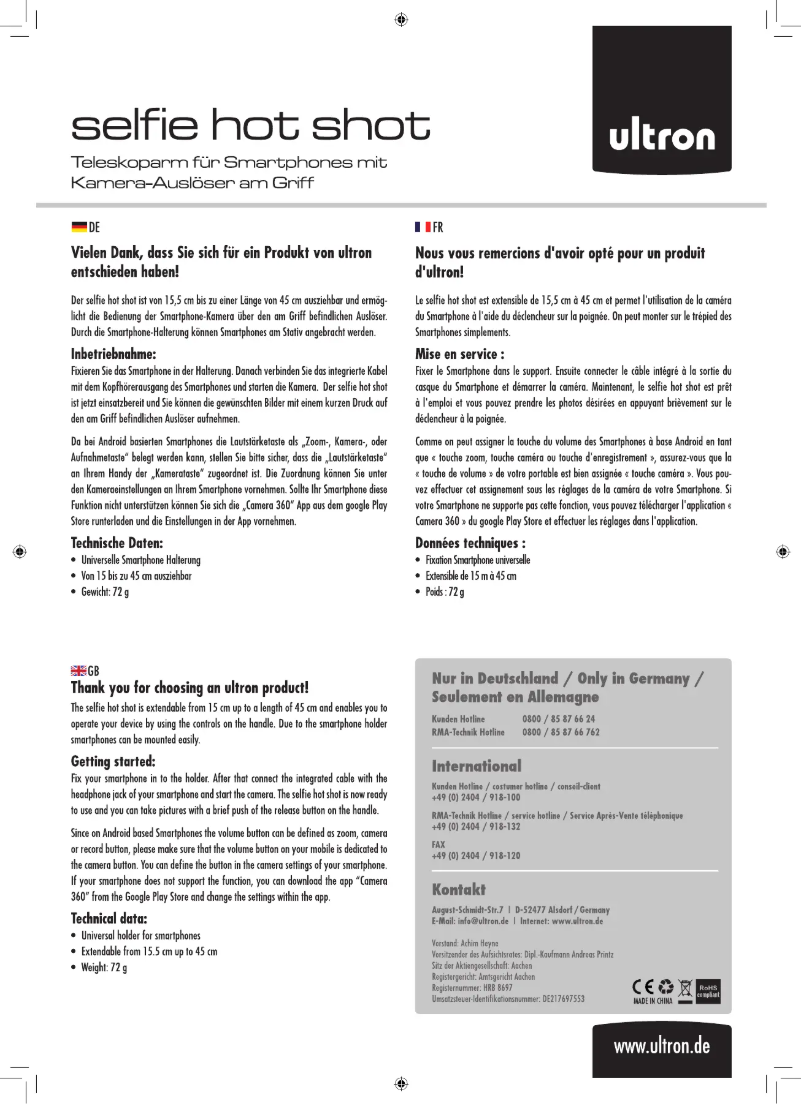 Page n°1 - Manuel utilisateur Ultron Selfie Hot Shot