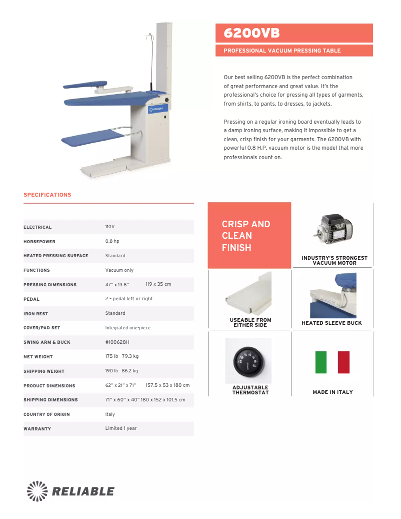 Page 1 de la notice Fiche technique Reliable 6200VB