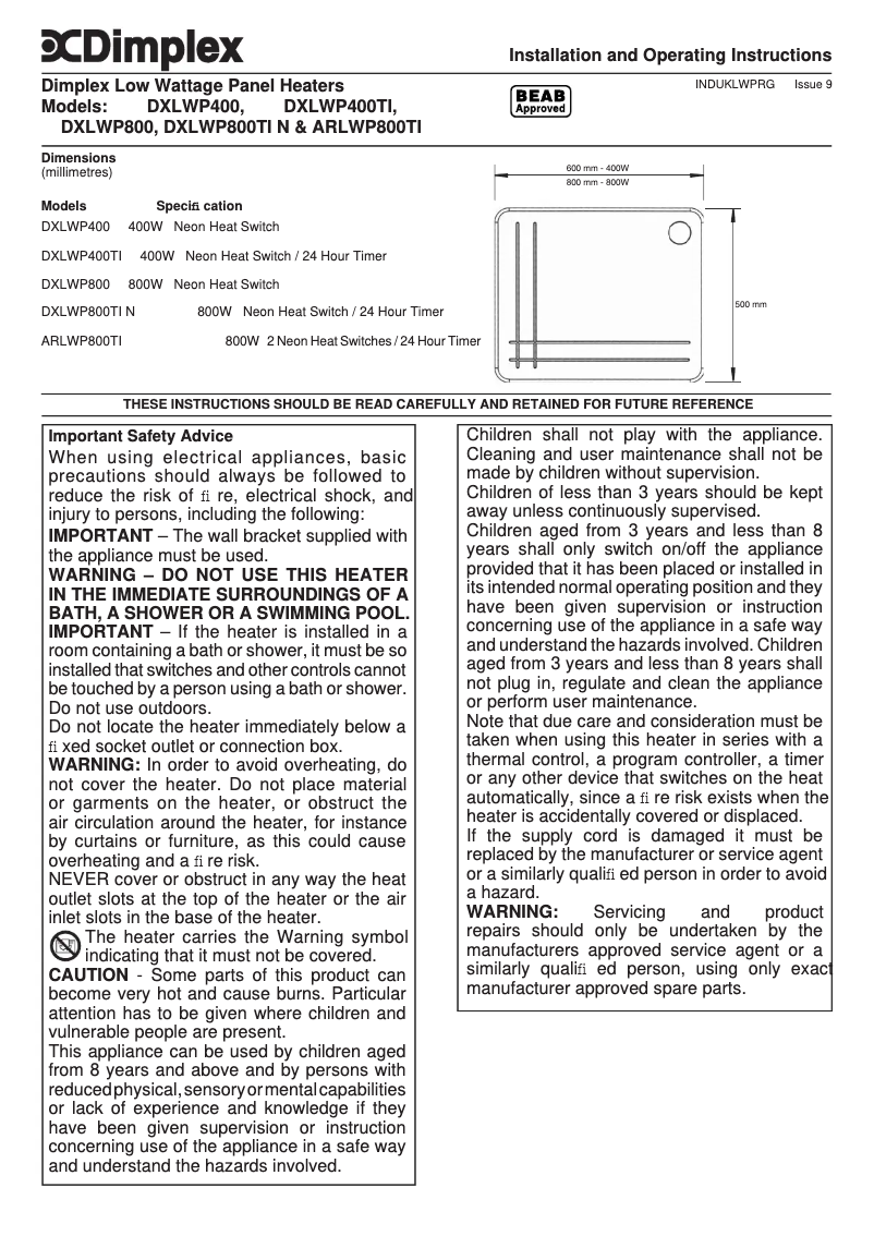 Page n°1 - Manuel utilisateur Dimplex DXLWP800