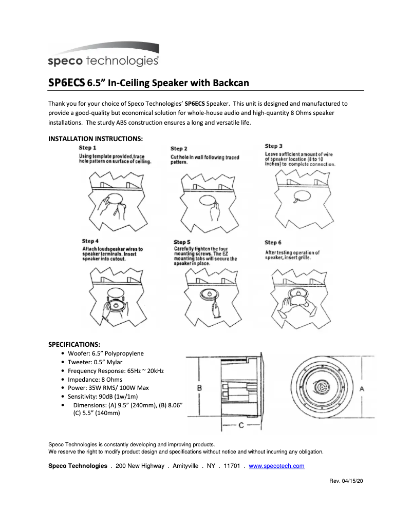 Page 1 de la notice Manuel utilisateur Speco Technologies SP6ECS
