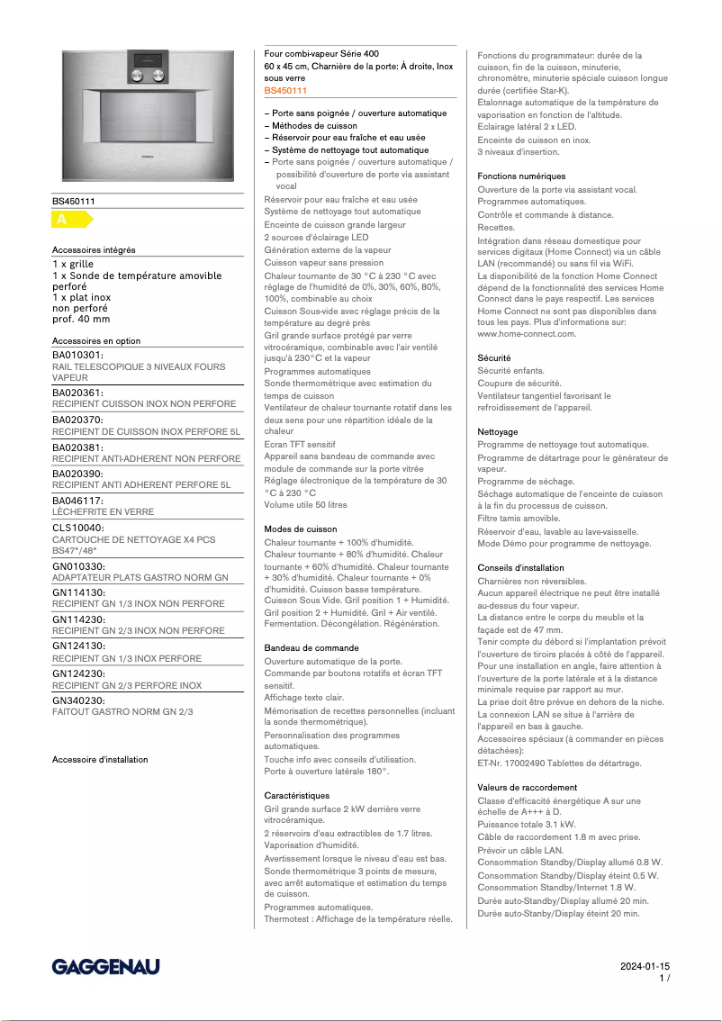 Página 1 del manual Ficha técnica Gaggenau BS450111