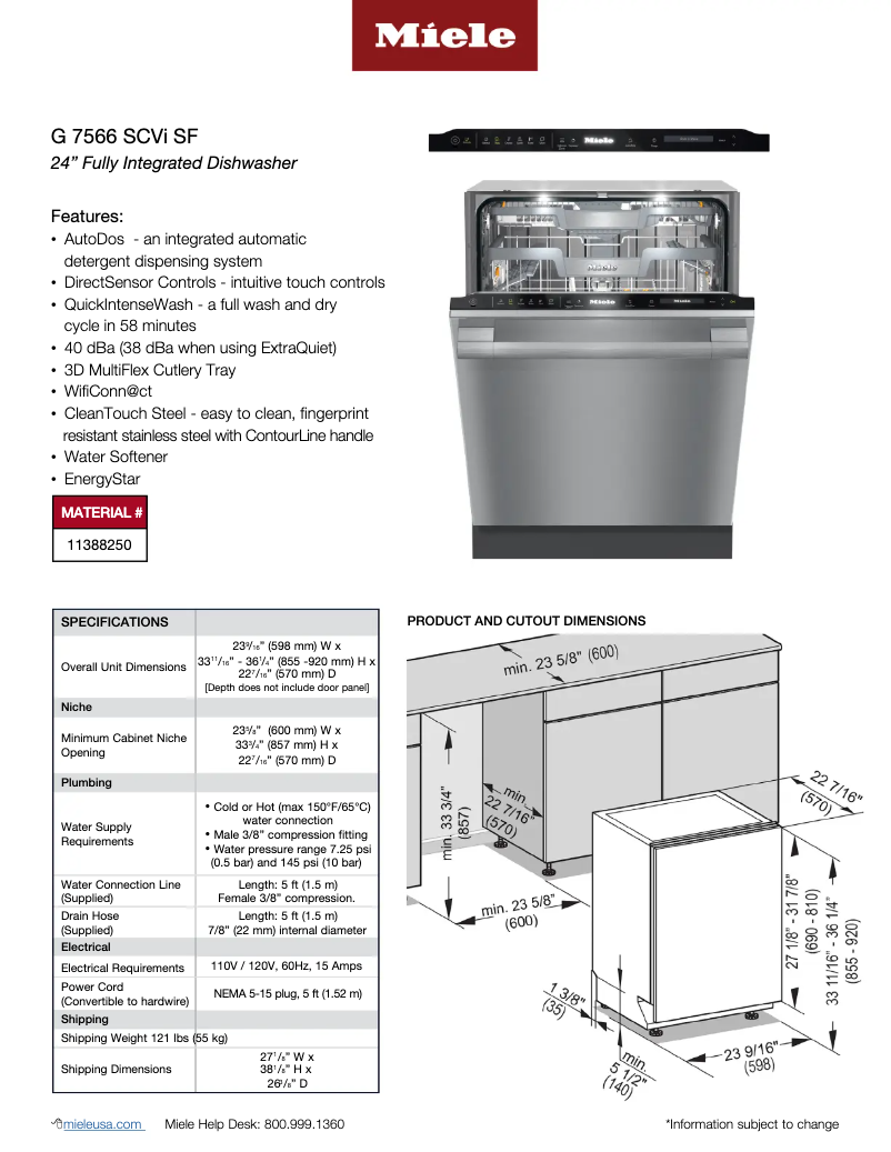 Page 1 de la notice Fiche technique Miele G 7566 SCVi SF