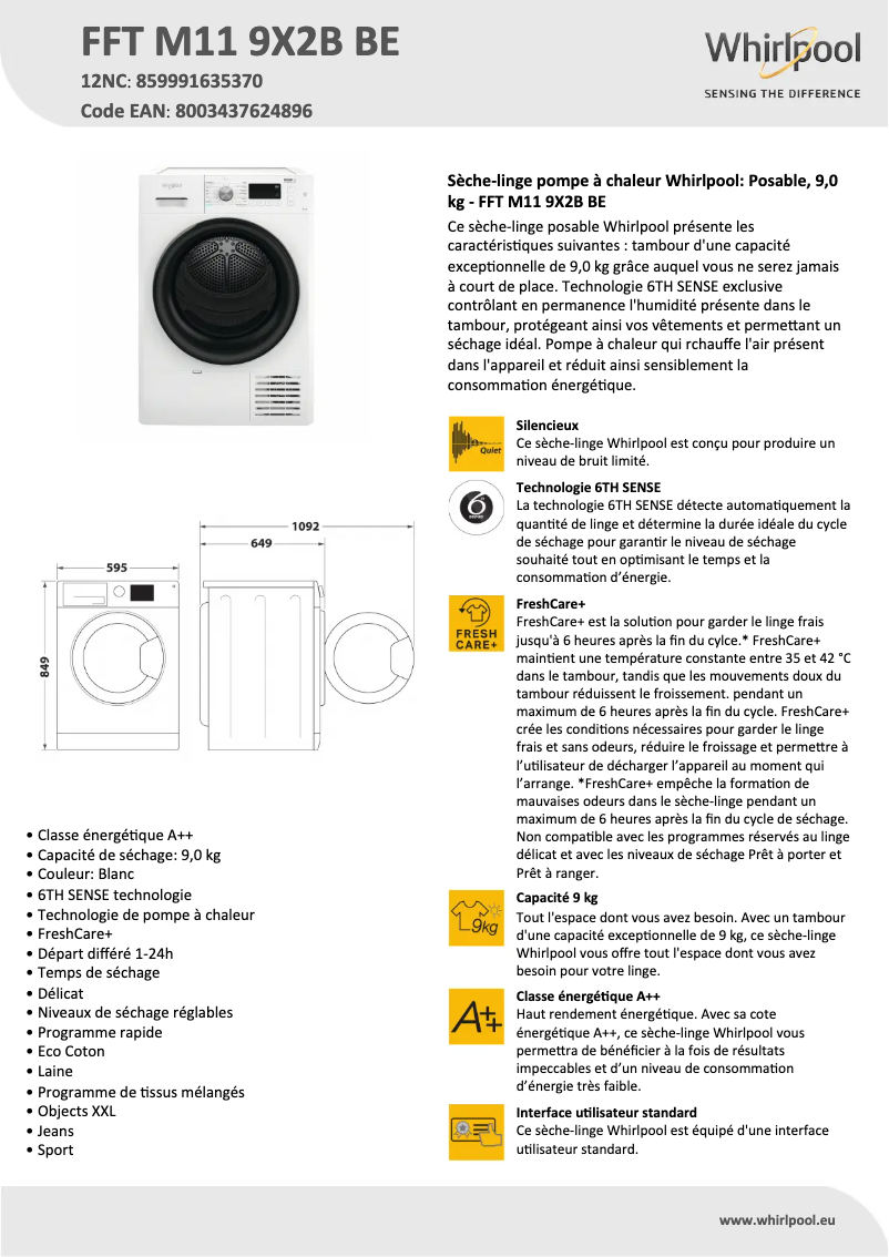 Page n°1 - Fiche technique Whirlpool FFT M11 9X2B BE