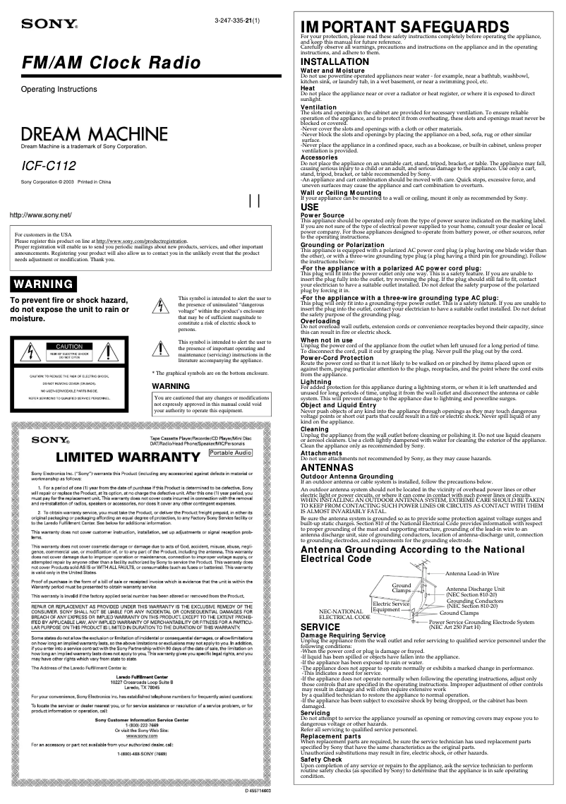 Page 1 de la notice Manuel utilisateur Sony ICF-C112